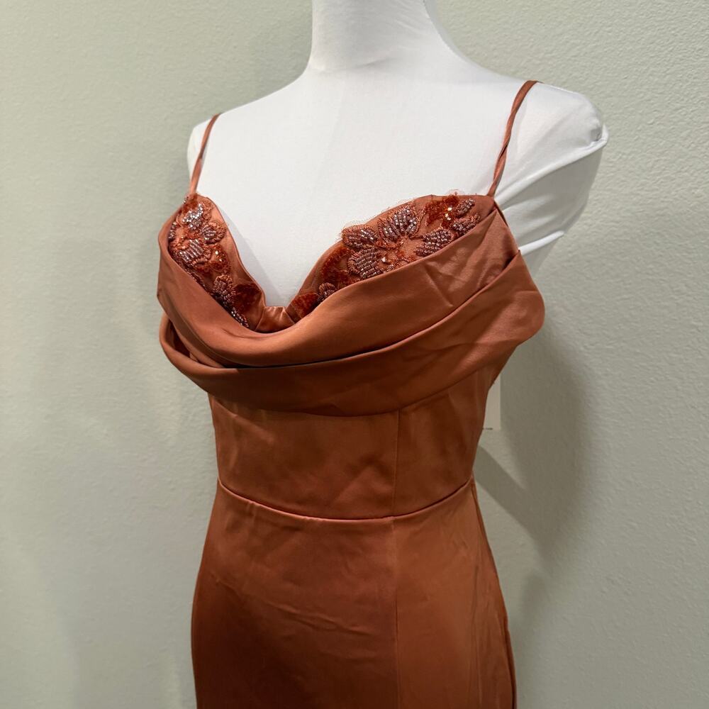 NWT Maniju Satin Maxi Dress Gown Beaded Cowl Neck Orange Terrocotta Wedding - Picture 5 of 10
